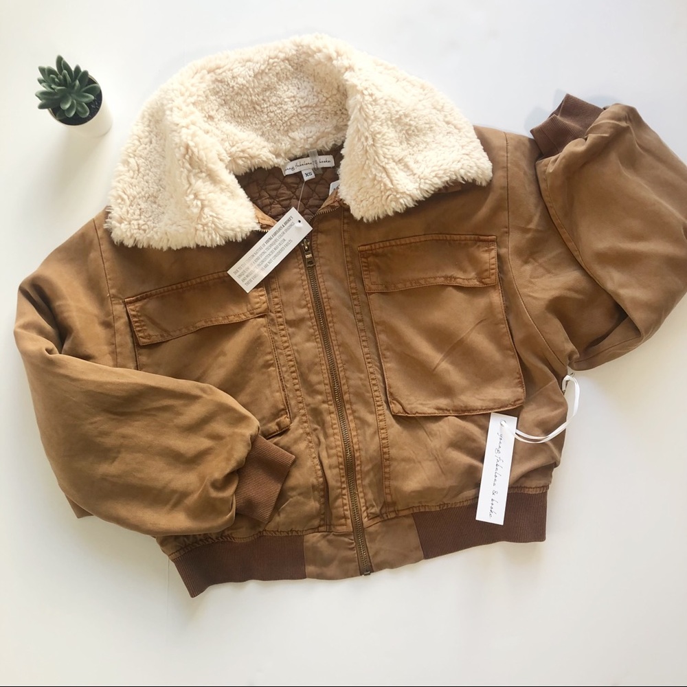 NWT YOUNG FABULOUS & BROKE Cropped Earhart Sherpa Bomber Jacket Brown Size XS